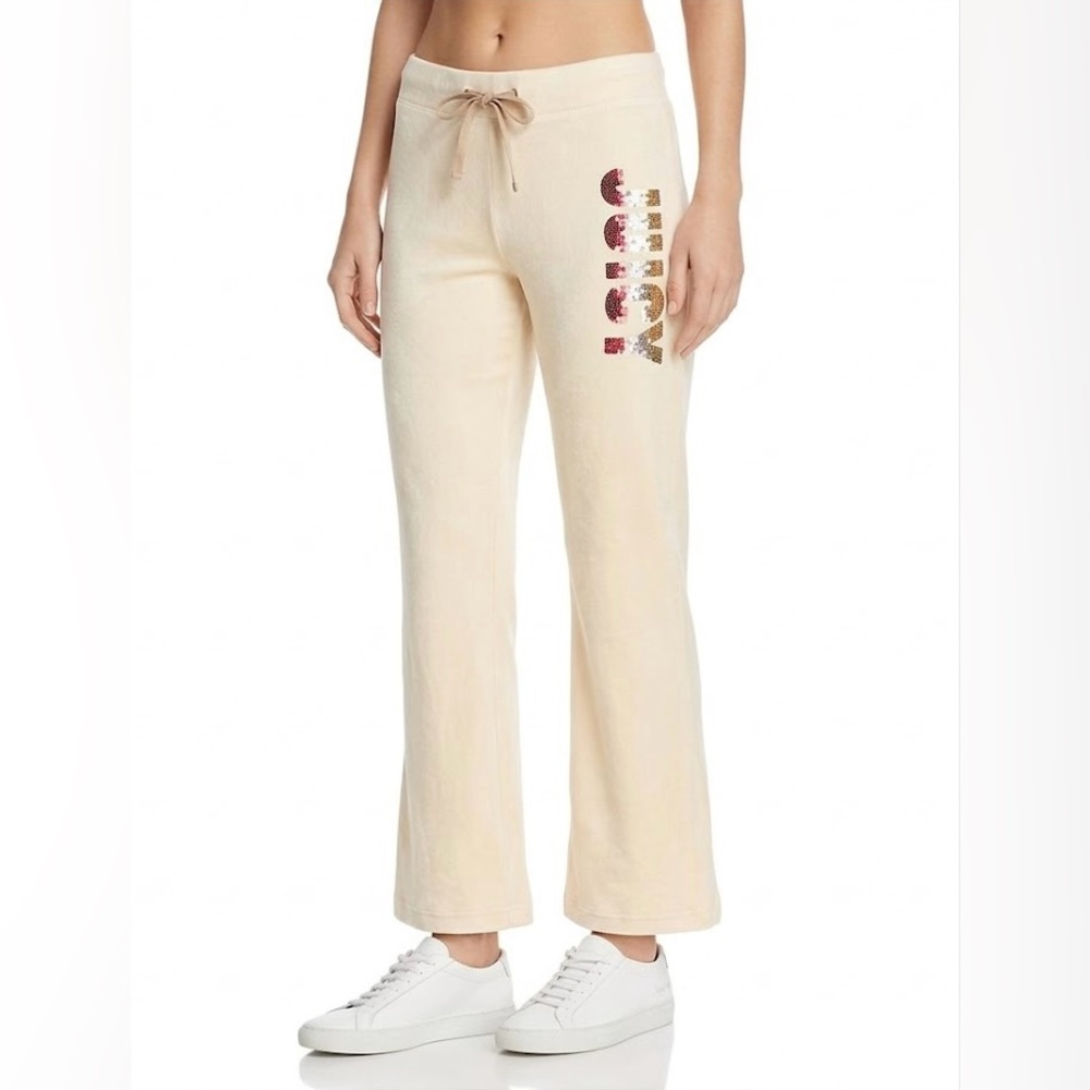 VNTGE Juicy Couture Cream White Sequined Logo Velour Cropped Flare Sweat Pants L